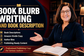 write book blurbs, book descriptions , fill authors, bio, and publish your book