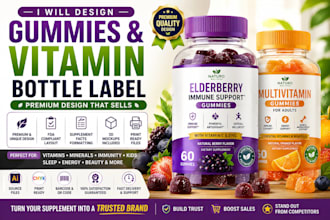 create premium vitamin bottle label and gummy supplement packaging design