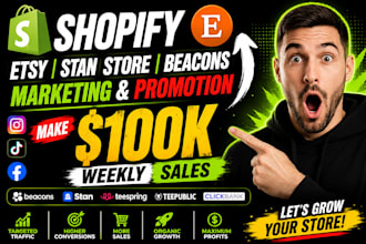 do shopify promotion, SEO, redbubble, beacon, etsy shopify stan store marketing