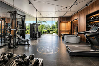 design a photorealistic 3d luxury home gym and wellness studio interior render
