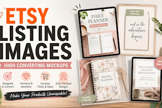 design high converting etsy listing images mockups, digital planner and banners