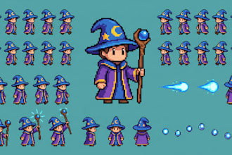 create pixel art characters, pixel sprite sheets animation and pixel game assets