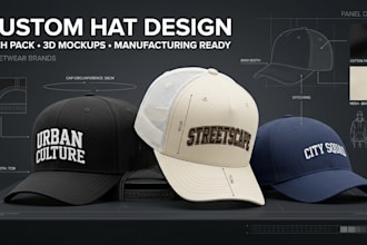 design custom trucker hat, snapback, cap with tech pack and mockups