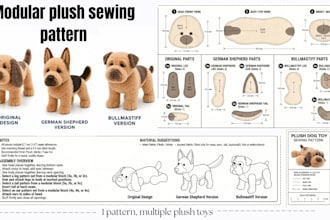 design cute custom modular plush sewing pattern stuffed animal production ready