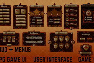 create game UI UX, rpg hud, buttons, icons, menu bar, health bar and battle gui