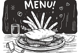 draw food illustration, menu design, restaurant food art, and packaging design