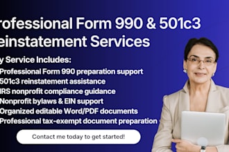 prepare form 990, 1023ez and reinstate 501c3 tax exempt status