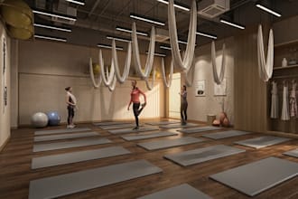 design gym, yoga, pilates studio interior design photorealistic renderings