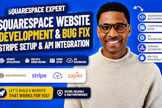 develop squarespace website, fix squarespace bugs, stripe setup, API integration