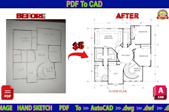 convert PDF sketch, image to autocad 2d floor plan house plan dwg dxf and dwf