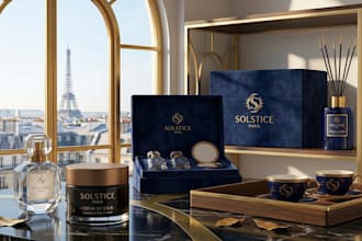 design luxury perfume logo, cosmetic branding, label, and box packaging