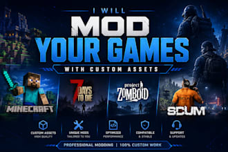 mod minecraft, 7 days to die, project zomboid, and scum with custom assets
