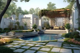 design backyard, frontyard, pool, patio as a landscape