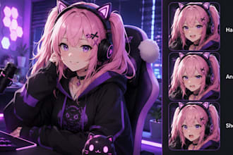 design gaming pngtuber avatar for twitch streamer in anime gamer hybrid styles