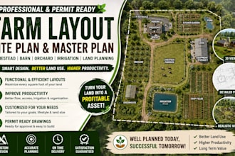 design homestead layout, farm layout, site plan, barn and orchard layout