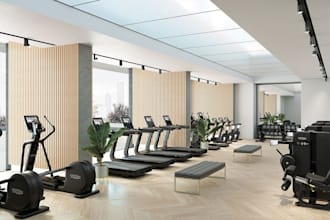 create 3d realistic gym, fitness plaza, yoga, and commercial interiors