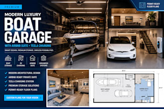 design boat garage storage and airbnb conversion layouts with tesla charging