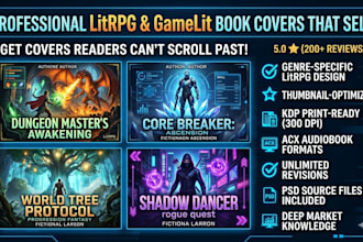 design a professional litrpg and gamelit book cover for KDP