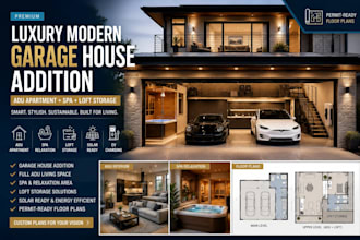 design modern garage house addition plans with spa space and solar ready systems