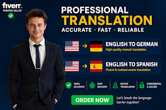 translate english to spanish, spanish to english, english to german and german