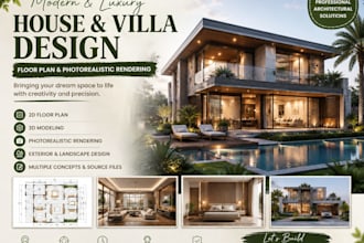 do modern house, luxury villa design, floor plan and photorealistic rendering