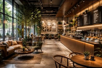create modern cafe lounge rooftop bar interior cgi rendering