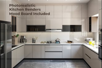 create photorealistic 3d kitchen renders with mood board and material palette