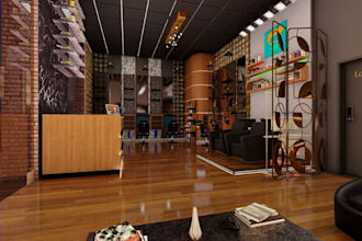 design hair barbing shop, showroom interior design, hair dressing salon render