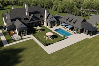design 3d brick apartment, modern farmhouse, outdoor lounge,cgi garden landscape