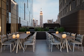 renovate 3d restaurant building, outdoor kitchen, lounge area, landscape rooftop