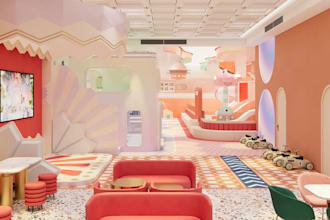 visualize indoor kids play cafe,3d birthday restaurant,children playground zone