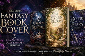 design a fantasy book cover for romantasy and cozy fantasy author