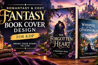 design a romantasy or cozy fantasy book cover for KDP