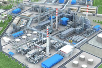 create photorealistic 3d refinery, power plant, factory, and industrial design