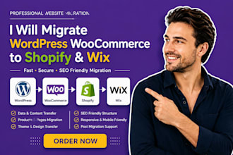 migrate wordpress to shopify woocommerce to wix square space and vice versa