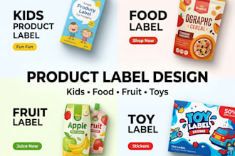 design product label for kids, food, fruit, and toy products