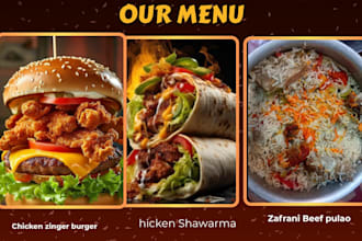 design a professional restaurant food menu poster for BBQ, burger pizza