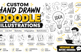 create custom hand drawn doodle illustrations, icons, sketch and line art