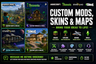 mod minecraft, terraria, starbound, and sims 4 with custom skins, maps