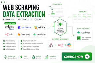 web scraping data extraction on bright data, zenrow apify n8n firecrawl supabase