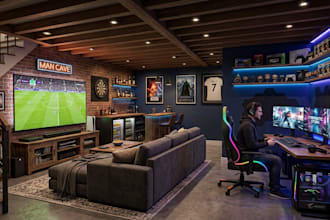 remodel basement, gym, game, bar house interior design, 3d render for homeowner