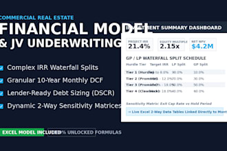 design a cre financial model with complex irr waterfall and monthly dcf