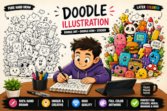 create unique hand drawn doodle illustration, doodle art, stickers, doodle icons