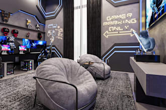 setup VR gaming room design, furniture arrangement,indoor recreational rendering