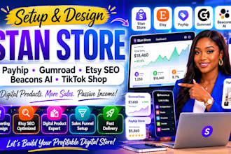 setup stan store, etsy digital product store, payhip, gumroad and beacons ai