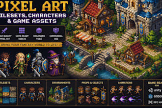 create fantasy isometric pixel art tilesets, characters and game assets