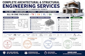 provide licensed architect and structural engineer pe stamp for ca fl nc ga tx