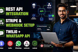 integrate rest api, webhook, stripe payment gateway, whatsapp api, twilio sms