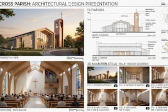 render church design both interior and exterior, elevations, and 3d animations