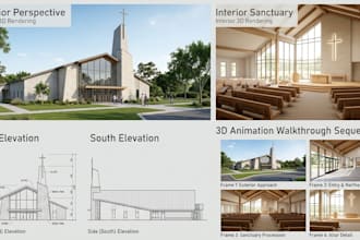 do interior and exterior church design with 2d and 3d rendering
